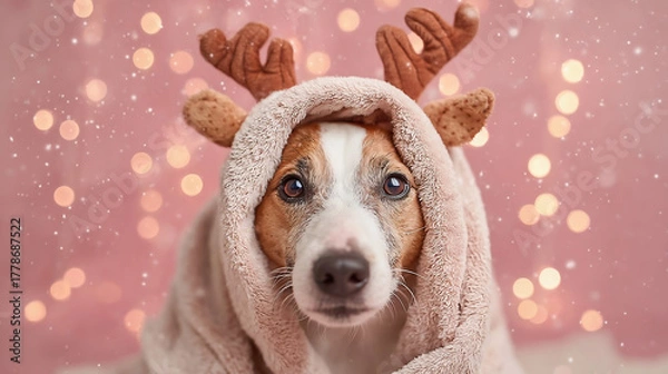 Obraz dog wearing reindeer antlers and cozy blanket on pink festive background. dog dressed in reindeer antlers and wrapped in a soft fleece blanket.