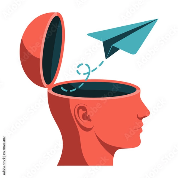 Obraz creative vector illustration of open human head releasing paper airplane symbolizing imagination and ideas