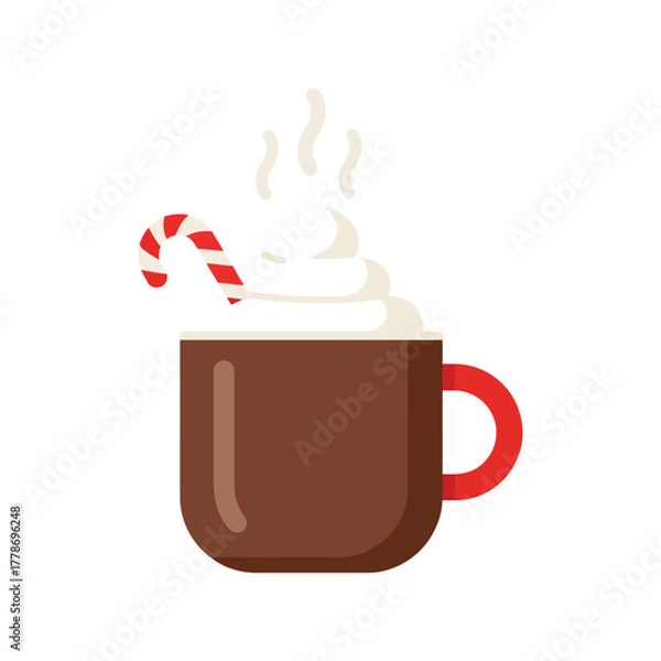 Obraz Warm chocolate drink with cream and candy cane festive holiday beverage isolated on white background