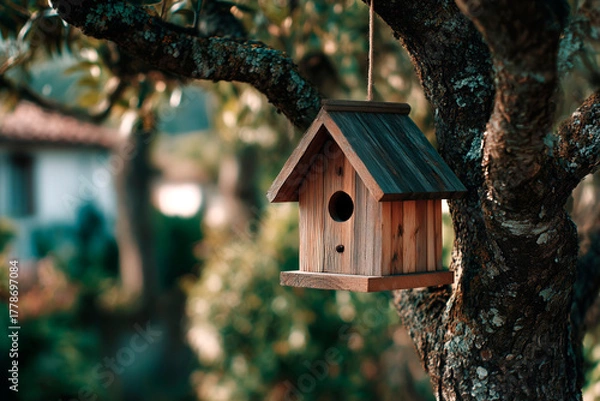 Fototapeta Birdhouse hanging up on a tree close