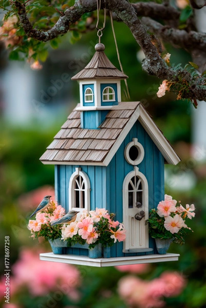 Fototapeta Birdhouse hanging up on a tree close