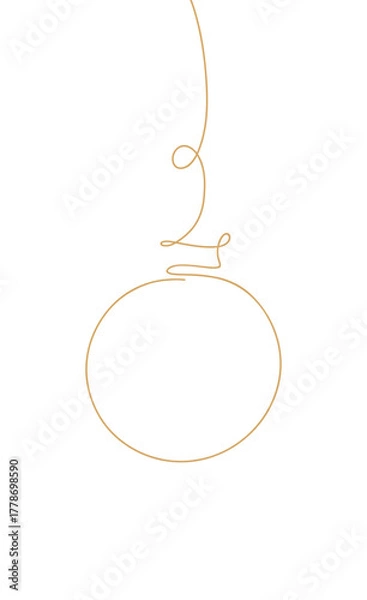 Fototapeta Hanging round Christmas tree toy, vector line illustration, flat design. Festive Background Graphic New Year Decorative Golden Element Isolated on White for Design, Decoration, Postcard, Poster