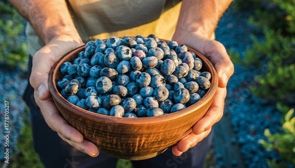 Fototapeta Fresh blueberries overflowing in a rustic wooden bowl held by hands outdoors