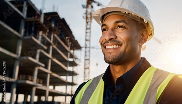 Fototapeta Smiling construction worker looking confidently at a busy construction site under a bright sunny sky