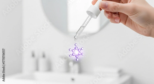 Obraz A hand holds a dropper with a purple molecule falling into a sink, representing science and skincare