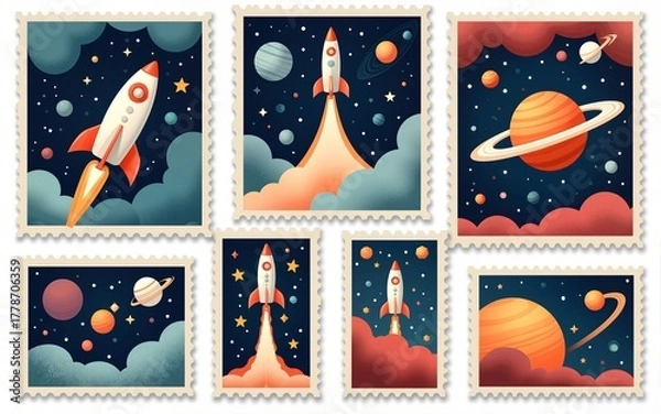 Fototapeta A collection of creative postage stamps featuring space themes, including rockets, planets, and extraterrestrial designs. High quality