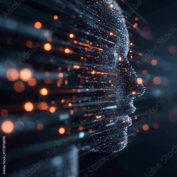 Obraz Abstract digital human head formed by particles and light streaks represents artificial intelligence and futuristic technology concepts.