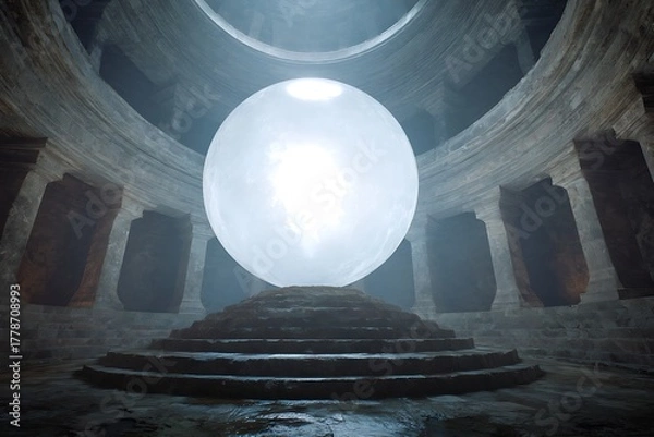 Obraz Mysterious glowing orb illuminating ancient stone chamber with tiered steps, evoking wonder and discovery.