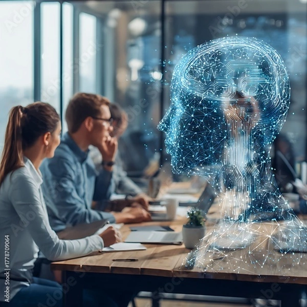 Obraz Modern team collaborates on AI innovation, visualizing digital brain networks in a bright office setting, driving future technology forward.