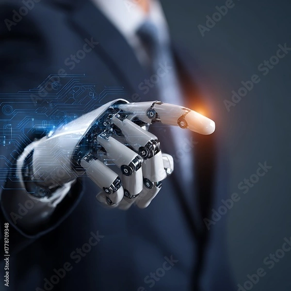 Obraz Futuristic robot hand interacting with glowing digital interface, representing innovation and advanced technology in business