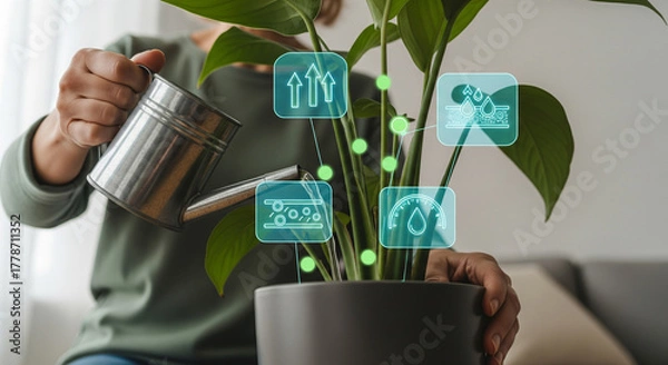 Obraz Person watering a houseplant with a watering can, augmented by a digital interface displaying plant care data and icons for smart gardening