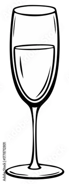 Fototapeta Elegant drink glassware drawing with liquid in a tall flute with stem presented in black line art over white background
