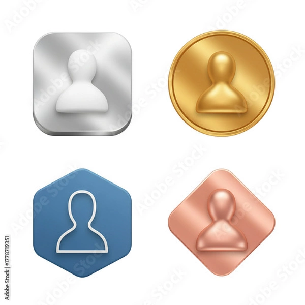 Fototapeta Diverse user profile icons for website design and app development in silver, gold, blue and copper for modern platforms, offering customizable identity solutions