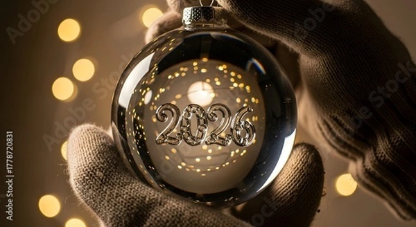 Fototapeta Close up of hands wearing knitted gloves holding a clear glass ornament with the year 2026 embossed inside, set against a bokeh background of warm lights