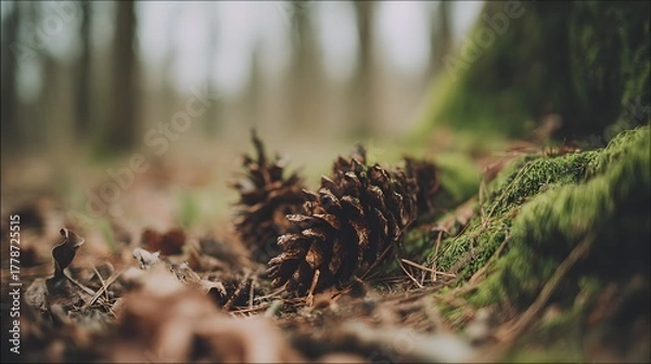 Fototapeta floor covered in moss mushrooms pinecones and fallen leaves rich in earthy colors