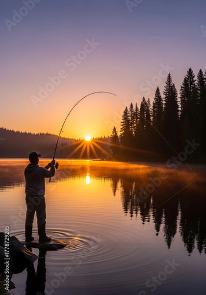 Obraz A fisherman casting a line into a lake at sunset, realistic water reflections.