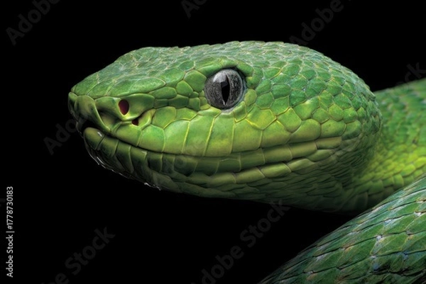 Fototapeta Realistic depiction of a slithering green snake showcasing intricate textures and vibrant colors in a black background setting