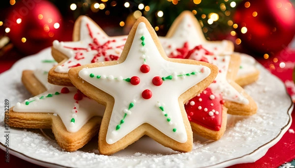Fototapeta Festive Star Christmas Cookies with White and Red Icing