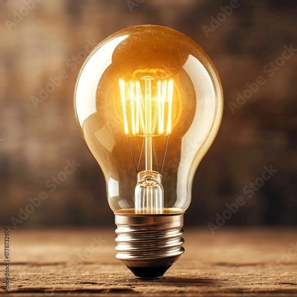 Fototapeta Glowing Incandescent Light Bulb on a Wooden Surface