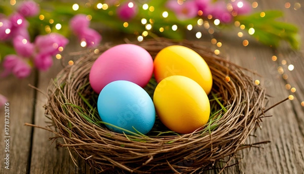 Fototapeta Colorful Easter Eggs in a Rustic Nest with Spring Bokeh