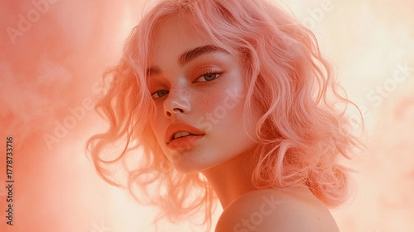 Fototapeta Pastel Peach Cloud Fantasy Portrait. A delicate fusion of light, texture, beauty in ethereal motion