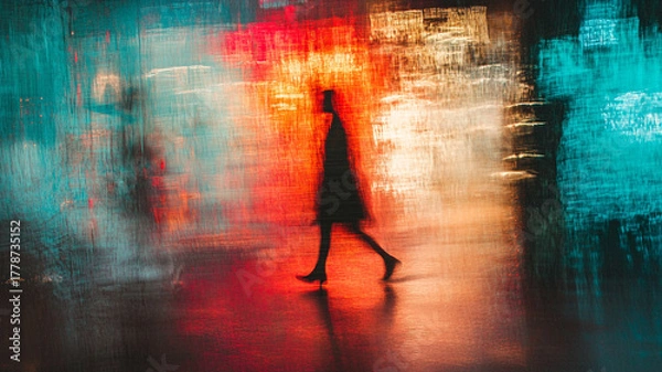Fototapeta A mysterious figure walking through a glowing city night, painted in blur and reflection