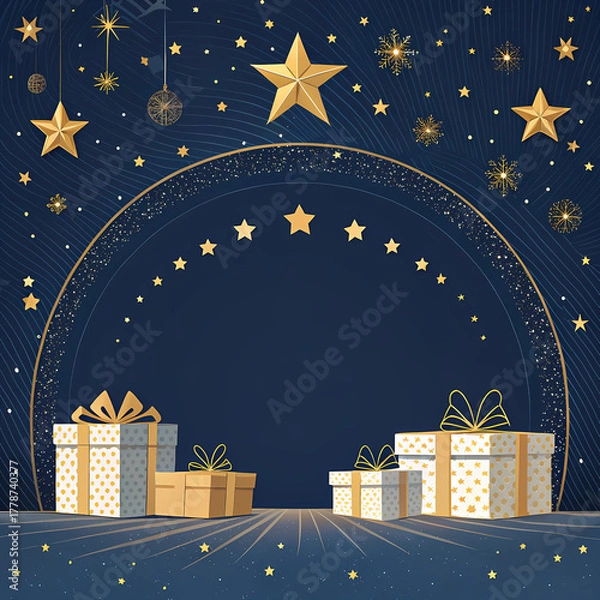 Fototapeta  Deep navy Christmas background with golden stars and gifts framing a radiant center glow

