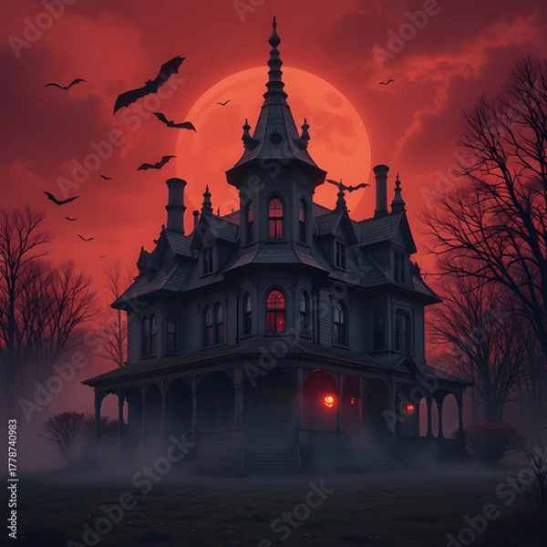 Obraz Blood Moon Mansion — Haunted Gothic Scene with Pumpkin Glow
