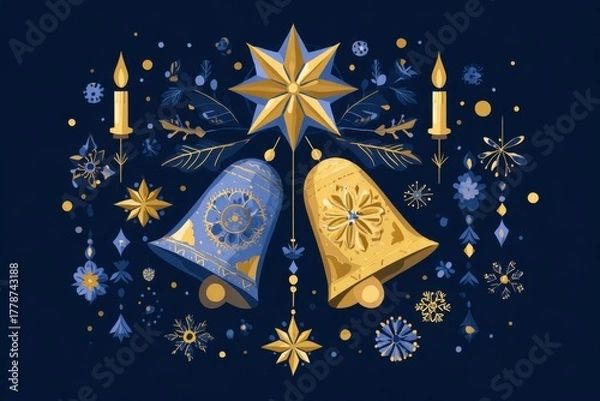 Fototapeta Colorful illustration featuring two decorative bells, a star, candles, and various festive elements, creating a vibrant holiday atmosphere with intricate details and rich colors