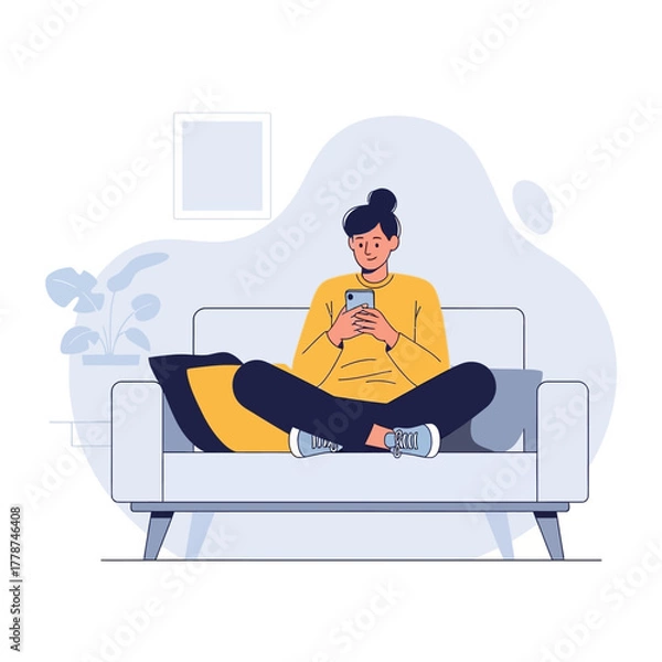 Obraz Woman Relaxing on Sofa with Smartphone.