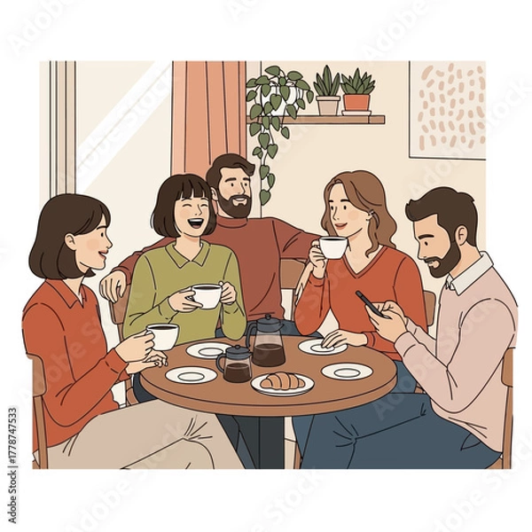 Obraz Group of diverse friends enjoying coffee and conversation at a cafe.