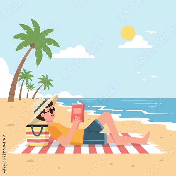 Obraz Person enjoying a relaxing day at the beach reading a book.