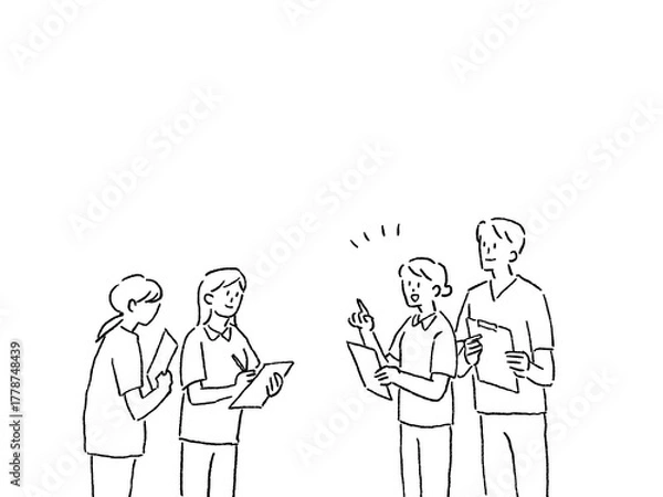 Obraz 申し送り、ミーティングをする看護師、介護士、線画