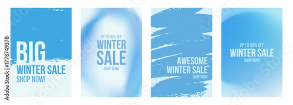 Fototapeta Winter Sale Commercial Set. Winter season sales promotional backgrounds with blue color blurred gradients and brush strokes. Vector illustration.