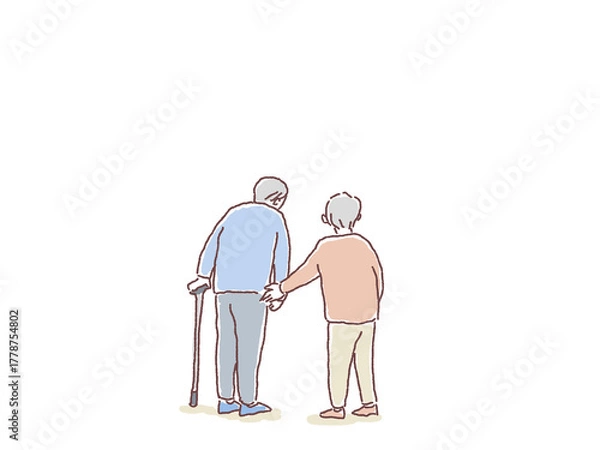 Obraz 杖をついて歩く高齢男性に寄り添う高齢女性の後ろ姿