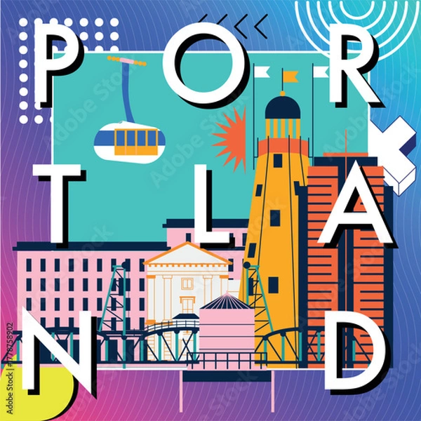 Fototapeta Typography word "Portland" branding technology concept. Collection of flat vector web icons. Culture travel Memphis set, famous architectures, specialties detailed silhouette. American famous landmark