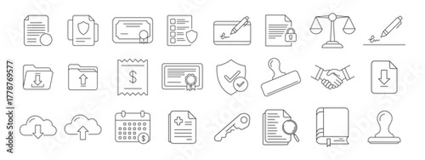 Fototapeta Set of outline icons representing documents, certificates, and files. Includes line symbols of paper sheets, official certificates, folders, reports, and documents with check marks or seals. Perfect f