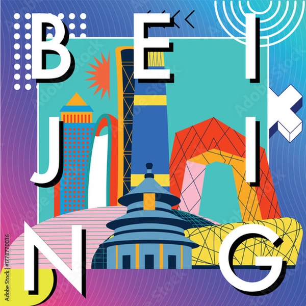 Fototapeta Typography word Beijing branding technology concept. Collection of flat vector web icons. Chinese culture travel set, architectures, specialties Memphis silhouette. Doodle China famous landmarks.