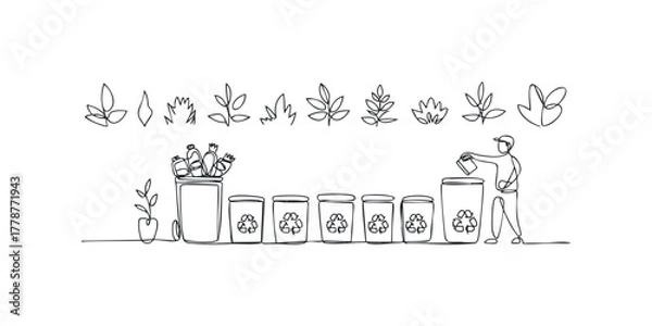 Obraz Line drawing of person recycling items into containers with plants