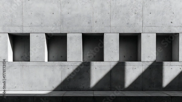 Fototapeta Architectural Detail Concrete Wall with Shadow Play and Rectangular Openings