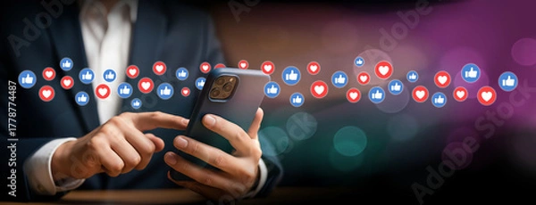 Fototapeta Flowing Social Connections Through Mobile Interaction, Man uses phone with wave of likes and hearts in motion