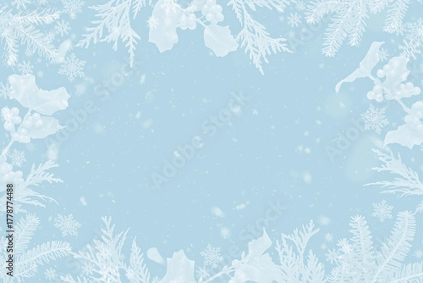 Fototapeta Winter blue background with a border of frosty leaves and snowflakes, perfect for holiday or seasonal designs.