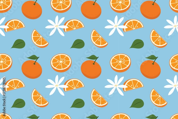 Obraz Bright orange fruit pattern with citrus slices and leaves background seamless repeat pattern