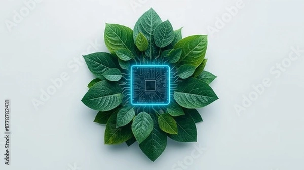 Fototapeta Eco-friendly technology thriving with plant life, showcasing sustainable innovation and green solutions for a brighter, environmentally conscious future
