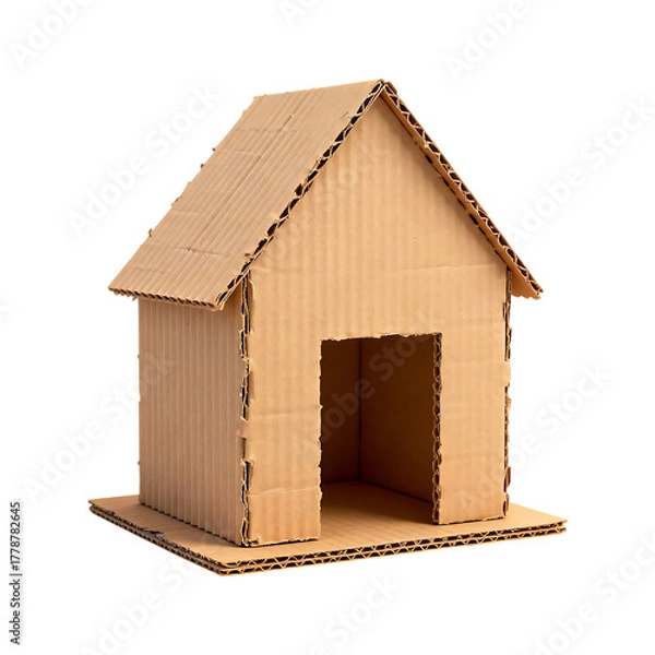 Obraz A three dimensional handcrafted cardboard house model with an open doorway on a plain black background