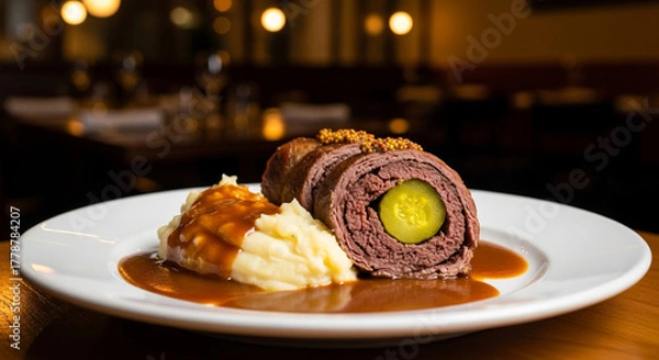 Fototapeta Beef roulade with mustard and pickle on plate with mashed potatoes, comfort food and gourmet dining experience