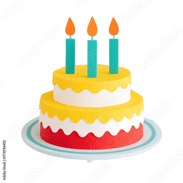 Fototapeta A Festive Two Tiered Birthday Cake with Three Teal Candles Topped with Orange Flames Standing Proudly