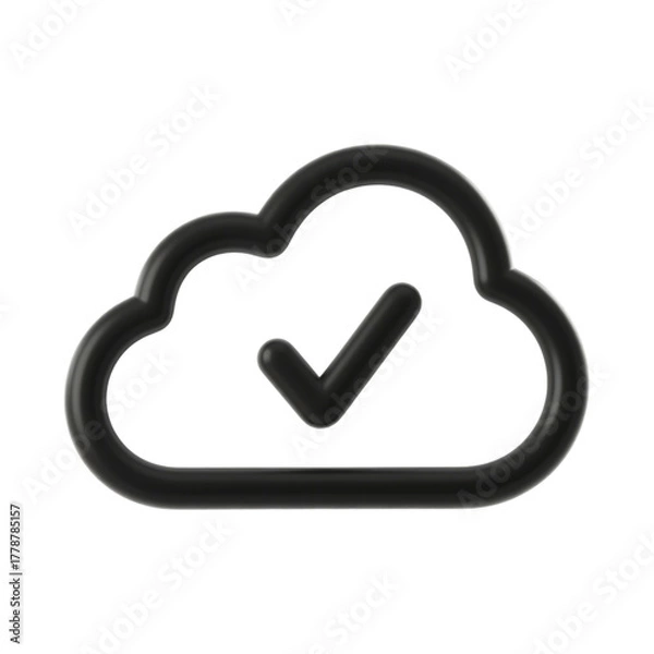 Fototapeta A conceptual 3D rendering of a cloud icon with a checkmark symbolizing successful cloud storage synchronization and data integrity