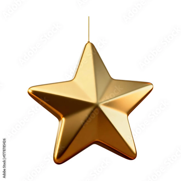 Fototapeta A Shiny Golden Star Hanging Down Suspended by a Thin String on a Transparent Background