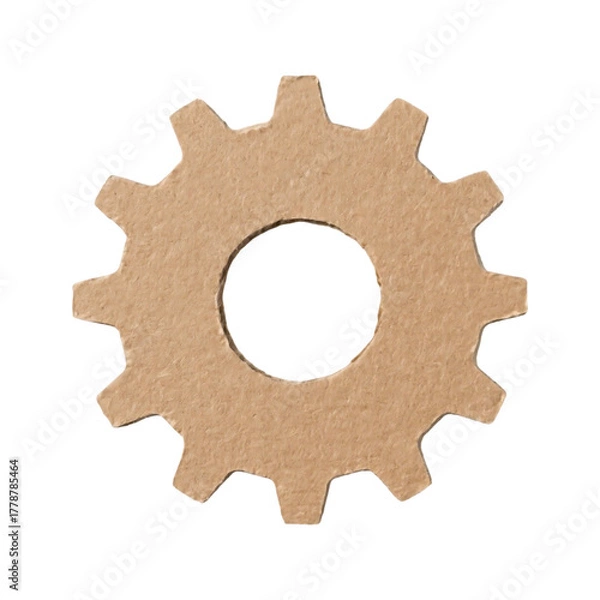 Fototapeta A single cogwheel cutout made of cardboard material with a rustic texture isolated on a transparent background in a realistic 3D render